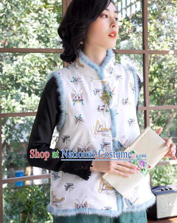 Traditional China Embroidered Butterfly Waistcoat National Female Clothing Classical Cheongsam White Cotton Padded Vest