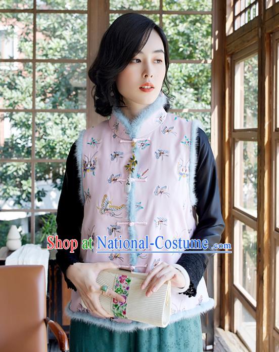 Traditional China Classical Cheongsam Pink Cotton Padded Vest Embroidered Butterfly Waistcoat National Female Clothing