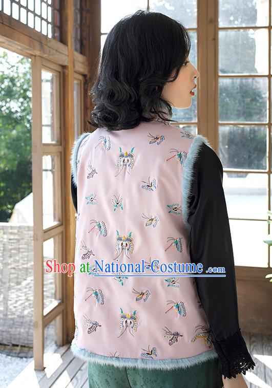 Traditional China Classical Cheongsam Pink Cotton Padded Vest Embroidered Butterfly Waistcoat National Female Clothing