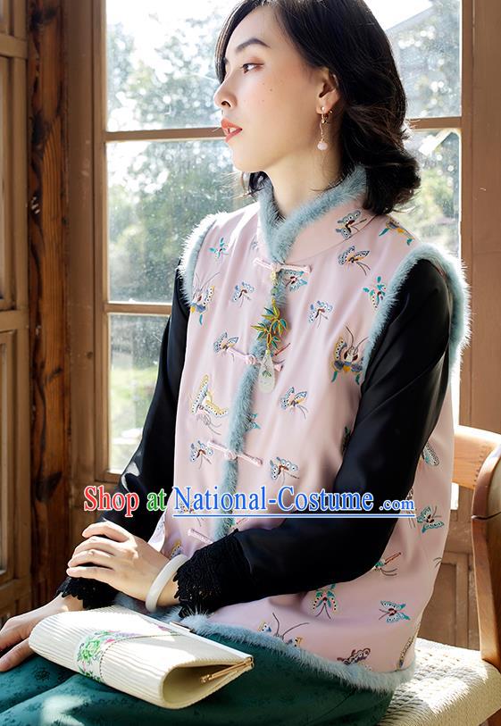 Traditional China Classical Cheongsam Pink Cotton Padded Vest Embroidered Butterfly Waistcoat National Female Clothing