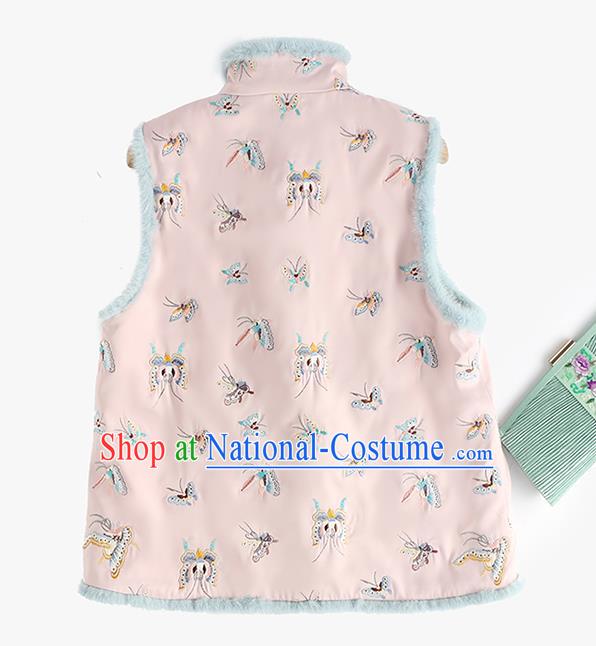 Traditional China Classical Cheongsam Pink Cotton Padded Vest Embroidered Butterfly Waistcoat National Female Clothing