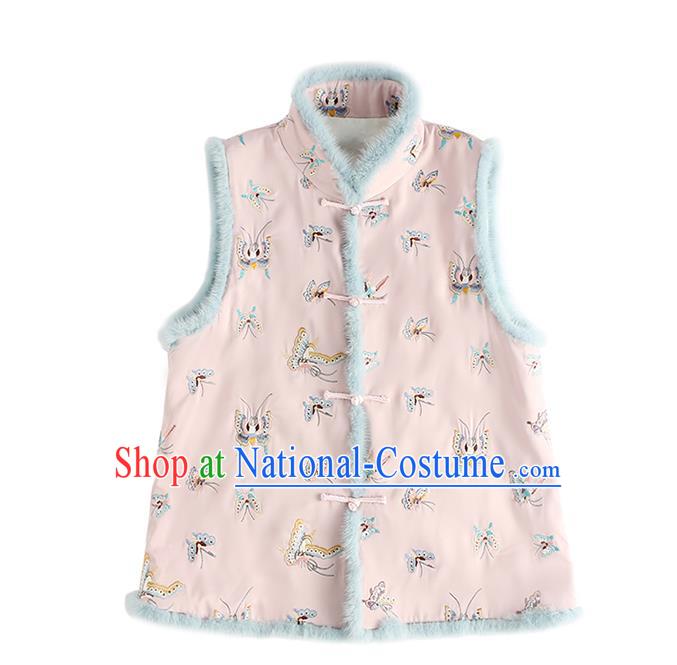 Traditional China Classical Cheongsam Pink Cotton Padded Vest Embroidered Butterfly Waistcoat National Female Clothing