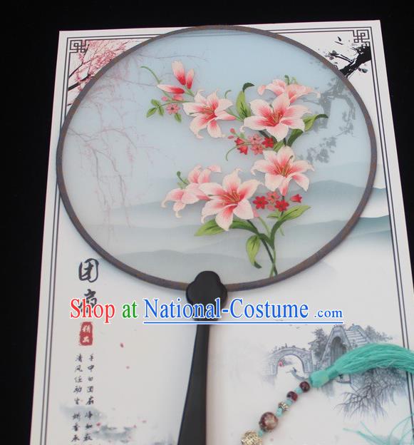 Traditional Handmade Palace Fan China Ancient Princess Round Fan Exquisite Embroidery Lily Flowers Fan