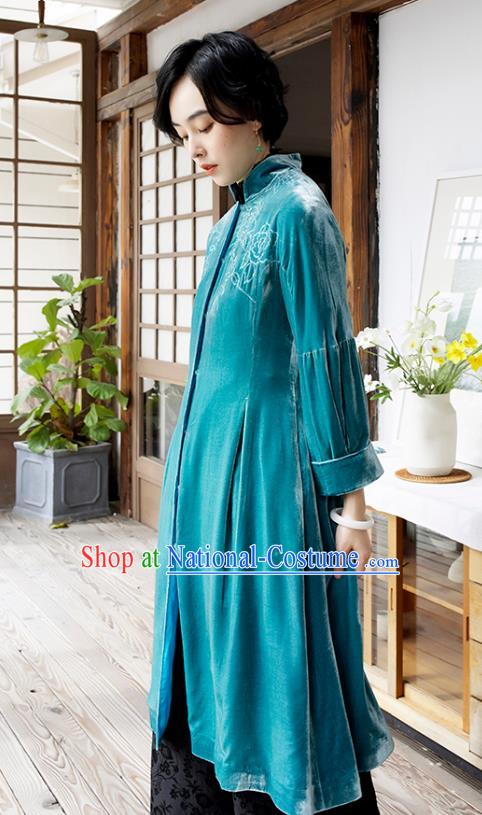 Chinese Traditional Clothing Women Blue Velvet Coat Outer Garment