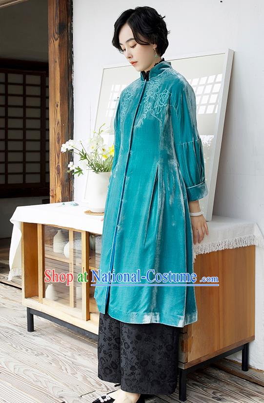 Chinese Traditional Clothing Women Blue Velvet Coat Outer Garment