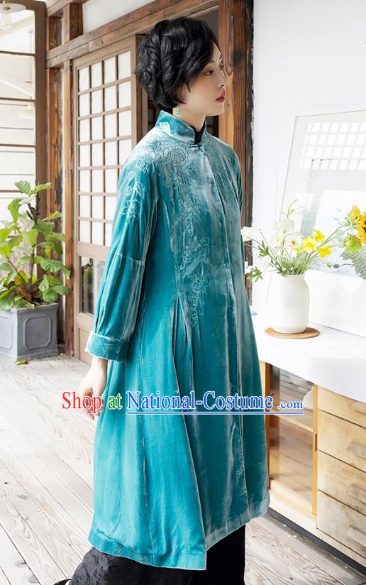 Chinese Traditional Clothing Women Blue Velvet Coat Outer Garment