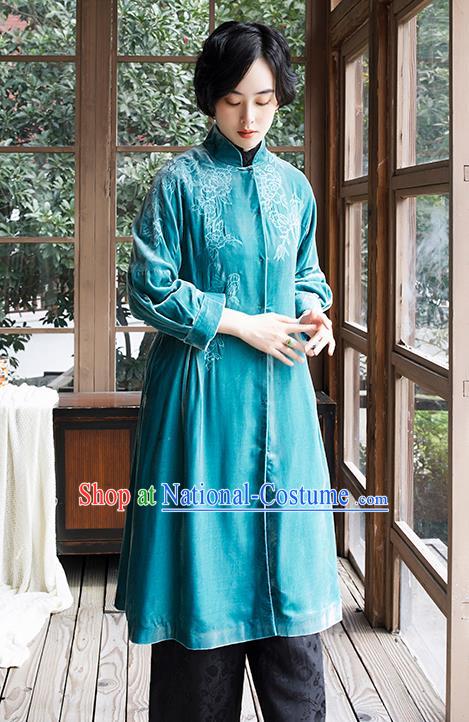 Chinese Traditional Clothing Women Blue Velvet Coat Outer Garment