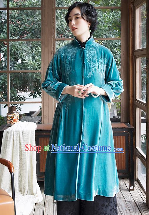 Chinese Traditional Clothing Women Blue Velvet Coat Outer Garment