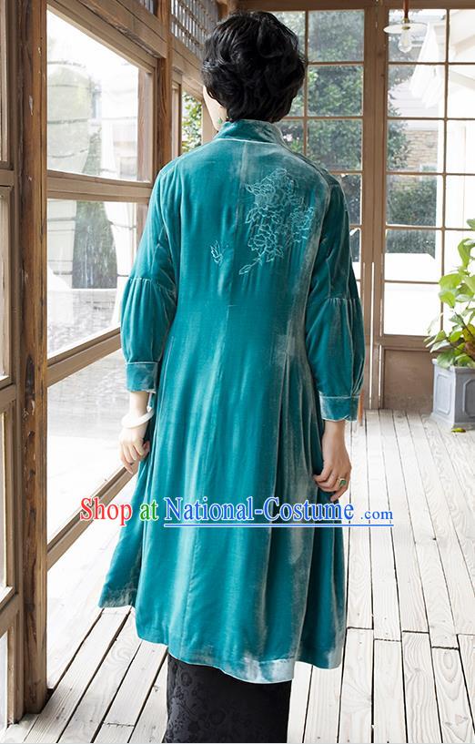 Chinese Traditional Clothing Women Blue Velvet Coat Outer Garment