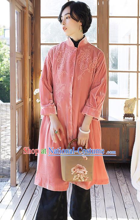 Chinese Women Embroidered Pink Velvet Coat Outer Garment Traditional Clothing