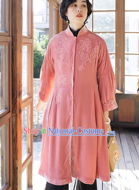 Chinese Women Embroidered Pink Velvet Coat Outer Garment Traditional Clothing