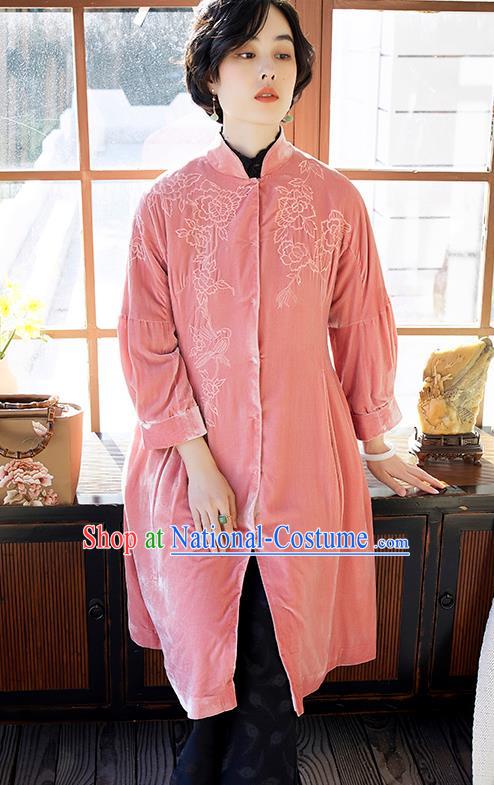 Chinese Women Embroidered Pink Velvet Coat Outer Garment Traditional Clothing