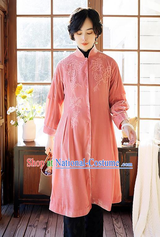 Chinese Women Embroidered Pink Velvet Coat Outer Garment Traditional Clothing