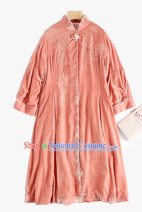 Chinese Women Embroidered Pink Velvet Coat Outer Garment Traditional Clothing