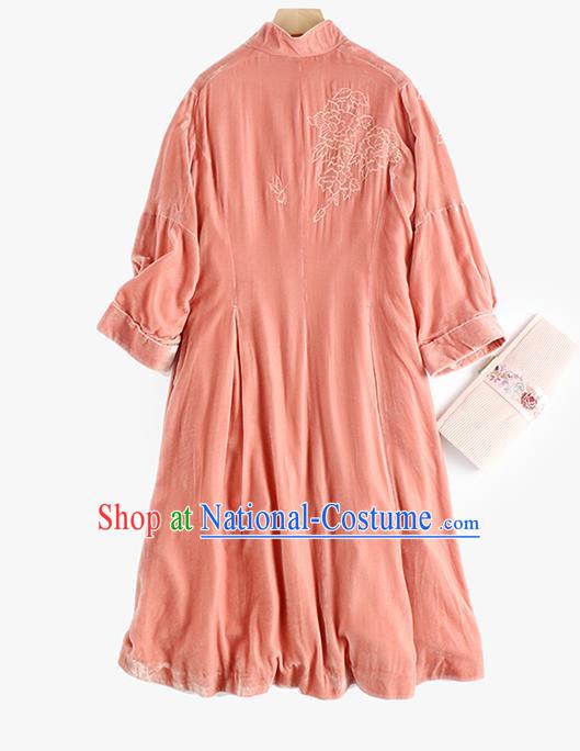 Chinese Women Embroidered Pink Velvet Coat Outer Garment Traditional Clothing