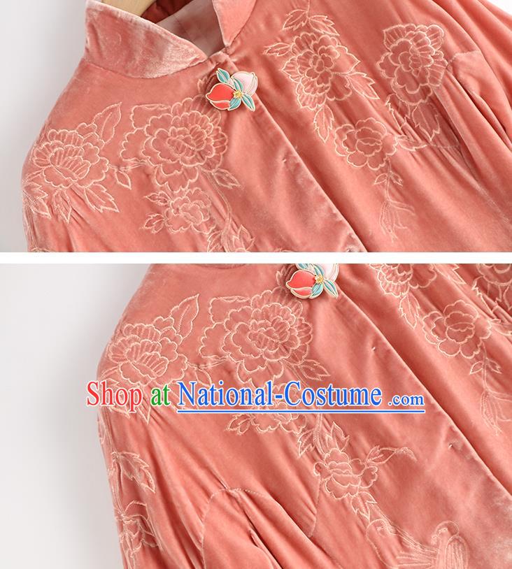 Chinese Women Embroidered Pink Velvet Coat Outer Garment Traditional Clothing