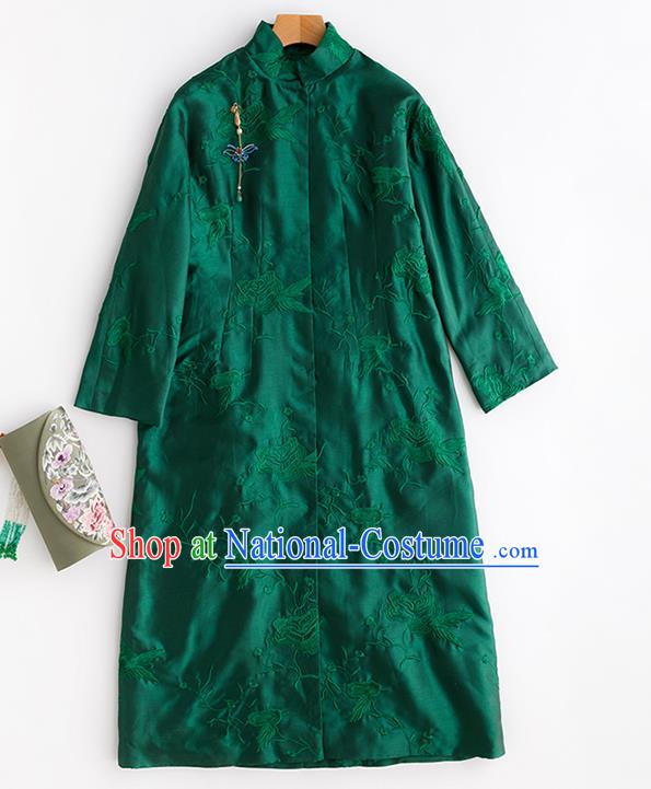 Chinese Winter Deep Green Cotton Padded Coat Traditional National Clothing Women Embroidered Coat Outer Garment