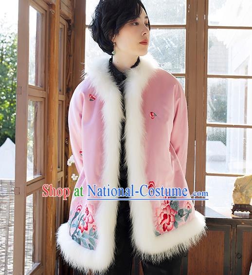 Chinese Winter Cotton Padded Jacket Traditional National Clothing Women Outer Garment Embroidered Pink Silk Coat