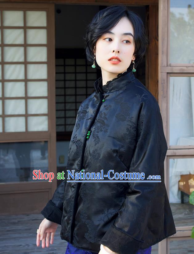 Chinese Winter Black Silk Cotton Padded Jacket Traditional National Clothing Embroidered Coat Women Outer Garment