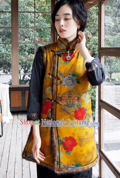 China National Clothing Traditional Cheongsam Winter Vest Yellow Watered Gauze Cotton Wadded Waistcoat for Women