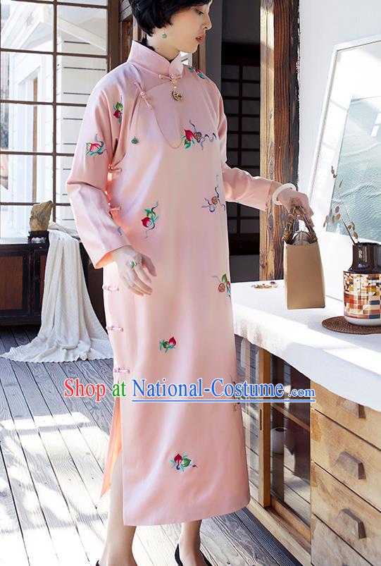 Republic of China Young Mistress Pink Satin Qipao Dress National Clothing Traditional Embroidered Cheongsam for Women