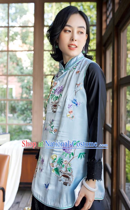 Traditional Embroidered Cheongsam Vest China National Clothing Light Blue Satin Waistcoat for Women