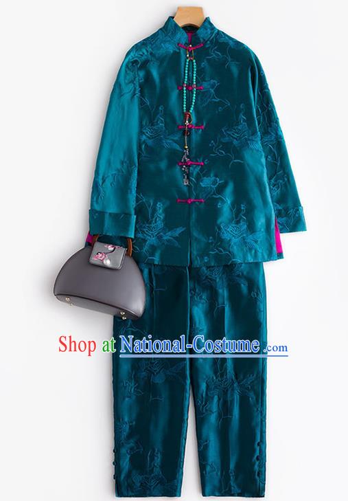 Chinese Embroidery Peony Blue Silk Jacket Traditional National Clothing Women Outer Garment Embroidered Silk Coat