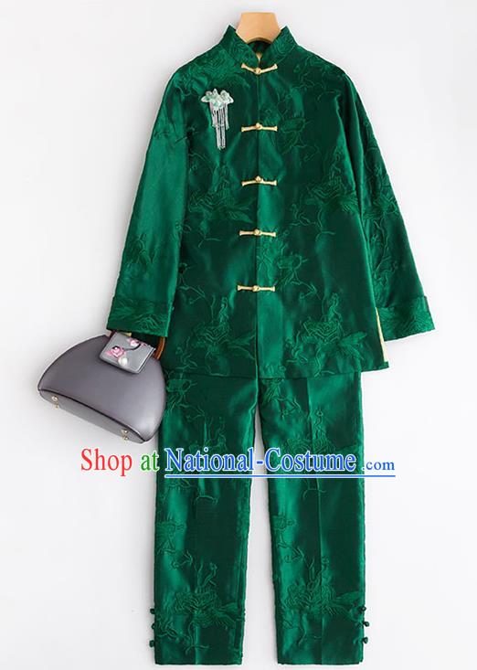 Chinese Traditional National Clothing Women Outer Garment Embroidered Silk Coat Embroidery Peony Deep Green Silk Jacket