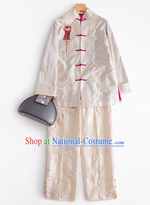 Chinese Embroidered Coat Embroidery Peony Beige Silk Jacket Traditional National Clothing Women Outer Garment