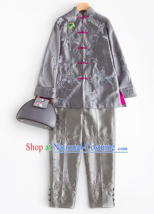 Chinese Embroidered Grey Silk Coat Traditional National Clothing Women Outer Garment Embroidery Jacket