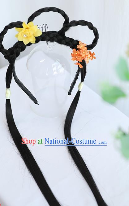 Chinese Ming Dynasty Wig Hairpiece Quality Wig Sheath China Ancient Cosplay Swordswoman Wigs Braid Hair Clasp