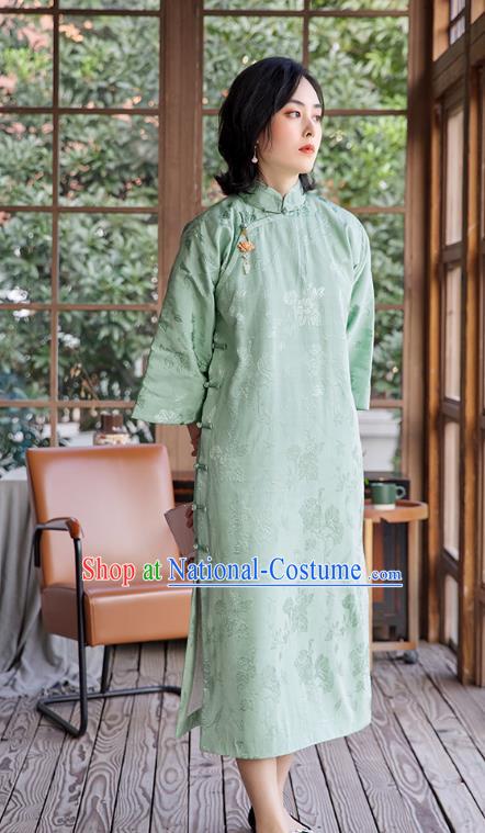 China Classical Light Green Cheongsam Traditional Women Silk Qipao Dress National Female Clothing