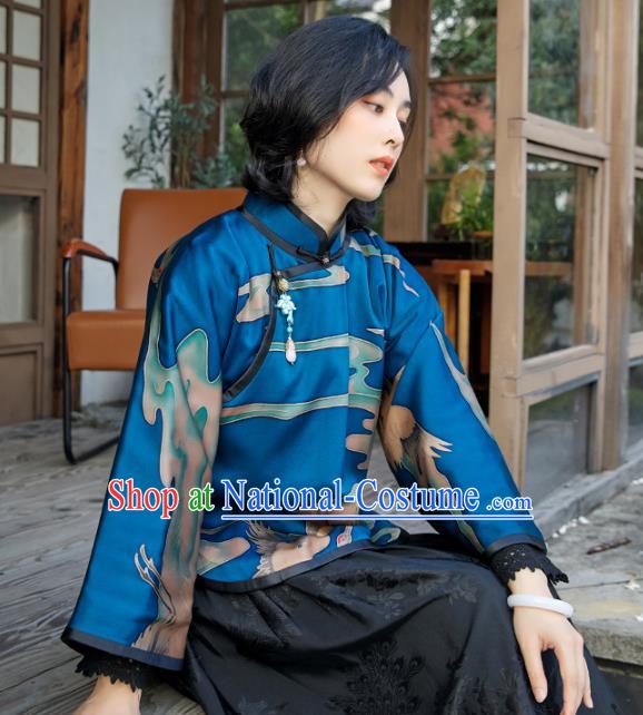 Chinese Deep Blue Cotton Padded Coat National Clothing Traditional Outer Garment Women Silk Jacket