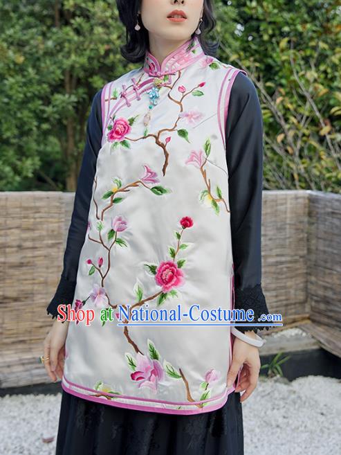 China Classical Embroidered White Silk Vest National Clothing Traditional Women Upper Outer Garment Waistcoat