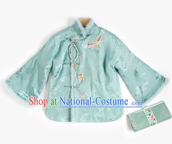 Chinese Embroidered Green Cotton Padded Jacket National Clothing Traditional Women Outer Garment