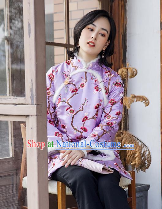 Chinese Traditional Costume Embroidered Plum Blossom Lilac Cotton Padded Jacket National Clothing Women Silk Outer Garment