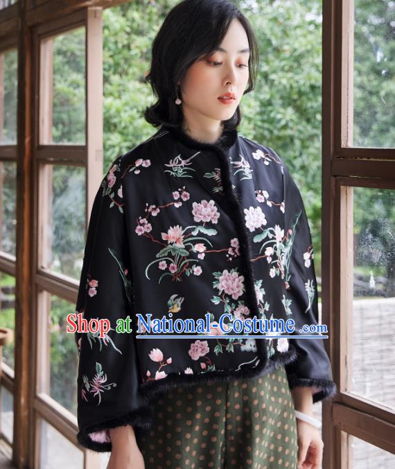 Chinese Tang Suit Embroidered Orchid Black Cotton Padded Jacket Women Outer Garment Traditional National Costume