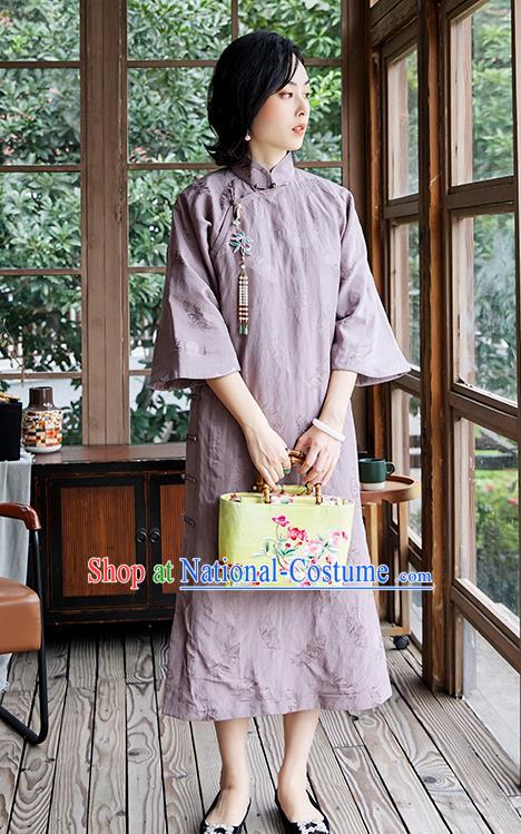 China National Clothing Traditional Women Winter Violet Cheongsam Classical Cotton Padded Qipao Dress