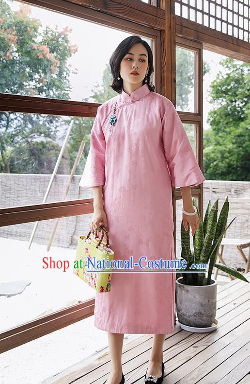 China Traditional Women Pink Cheongsam National Clothing Classical Winter Cotton Padded Qipao Dress