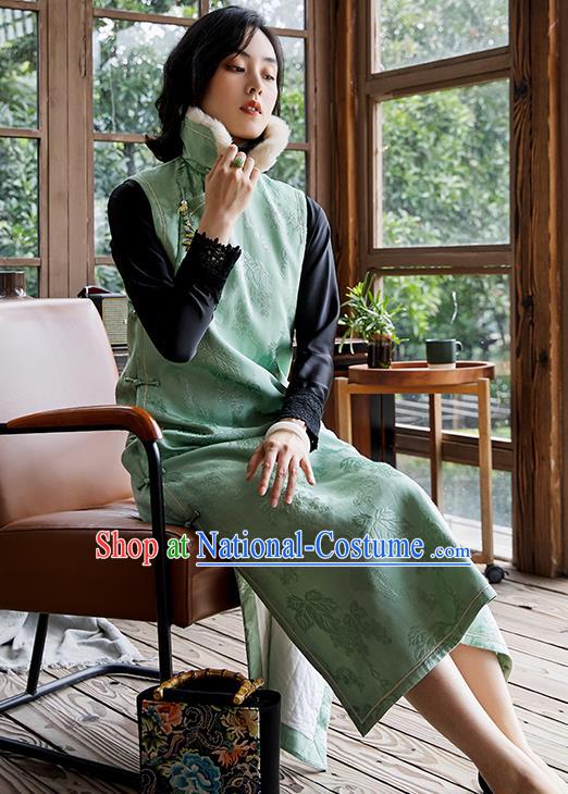 China Traditional Women Green Satin Cheongsam National Clothing Classical Cotton Padded Long Qipao Dress