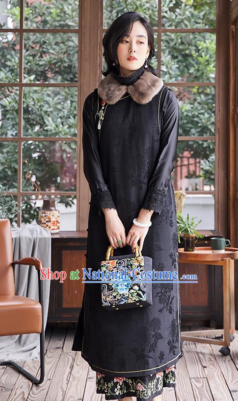 China Classical Cotton Padded Qipao Dress Traditional National Clothing Women Black Satin Long Cheongsam