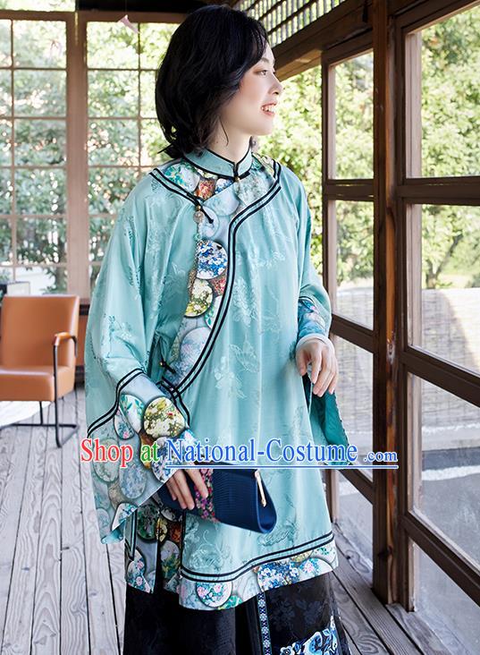 Chinese Tang Suit Embroidered Blue Blouse Qing Dynasty Women Outer Garment Traditional Court Costume