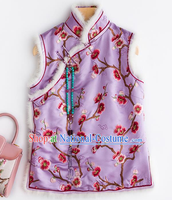 China National Clothing Traditional Women Upper Outer Garment Classical Embroidered Plum Lilac Silk Vest