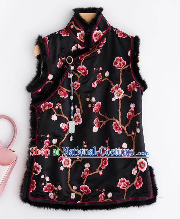 China Classical Embroidered Plum Black Silk Vest National Clothing Traditional Women Upper Outer Garment