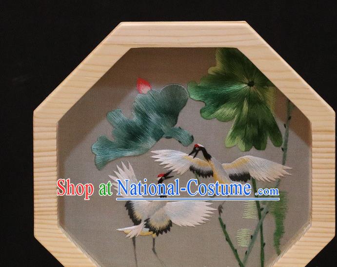 China Embroidery Crane Lotus Craft Handmade Wood Desk Screen Traditional Table Decoration