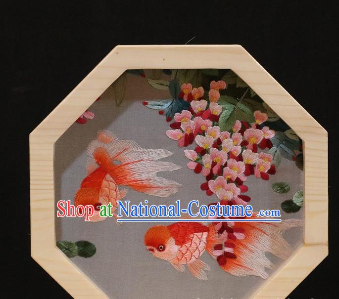 China Traditional Table Decoration Embroidery Goldfish Craft Handmade Wood Octagon Desk Screen