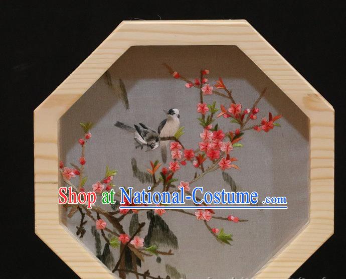 China Handmade Wood Octagon Desk Screen Traditional Embroidery Plum Birds Craft Table Decoration