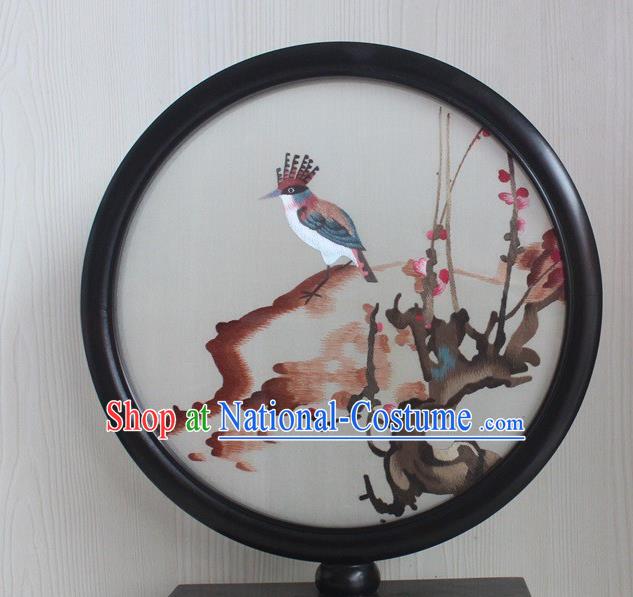 China Traditional Embroidery Plum Bird Craft Rosewood Table Decoration Handmade Round Desk Screen