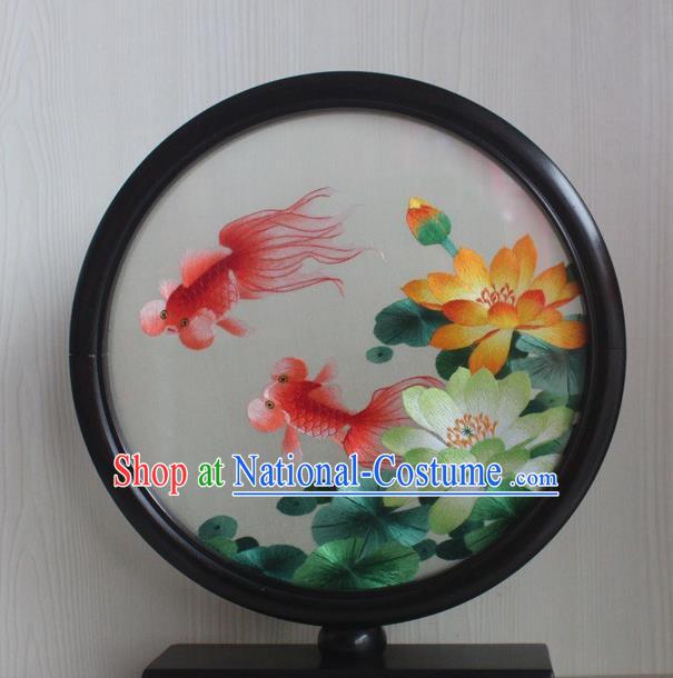 China Rosewood Table Decoration Traditional Embroidery Lotus Goldfish Round Desk Screen Handmade Craft