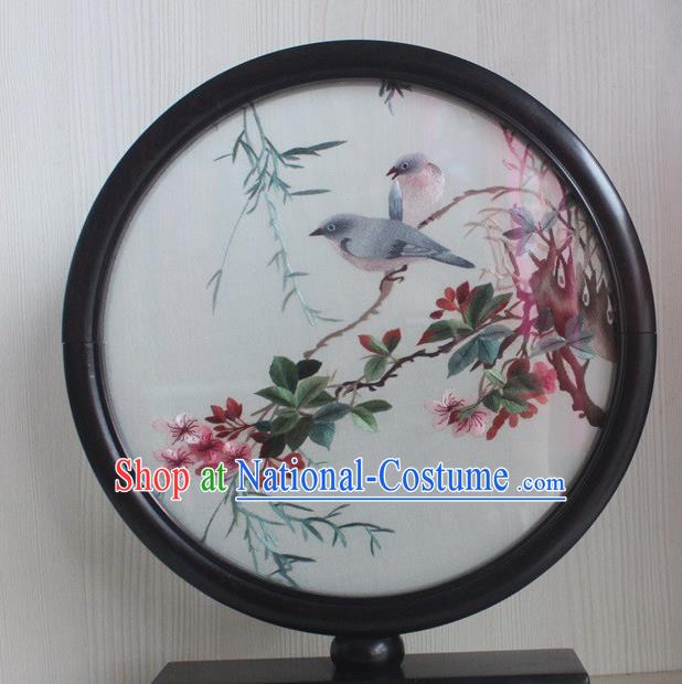 China Handmade Embroidery Plum Blossom Double Side Desk Screen Traditional Rosewood Table Decoration Suzhou Embroidered Craft